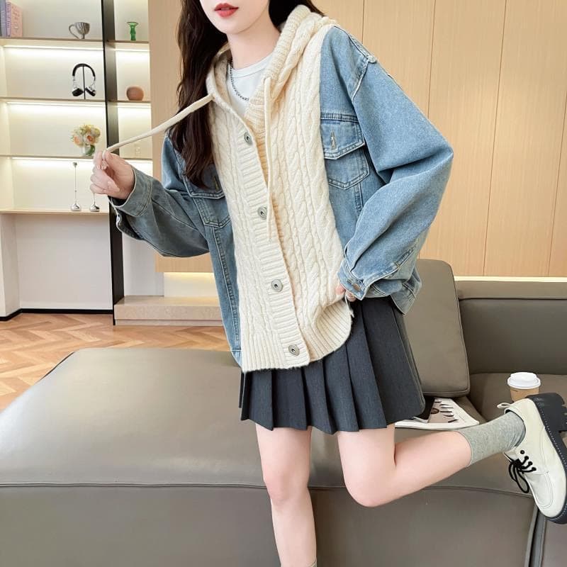 느긋한 바람 데님 패치워크 후드 스웨터 여자 외출용 가을 겨울 새로운 작은 대중 루즈핏 표지 고기 니트 카디건 코트 상세 이미지 6