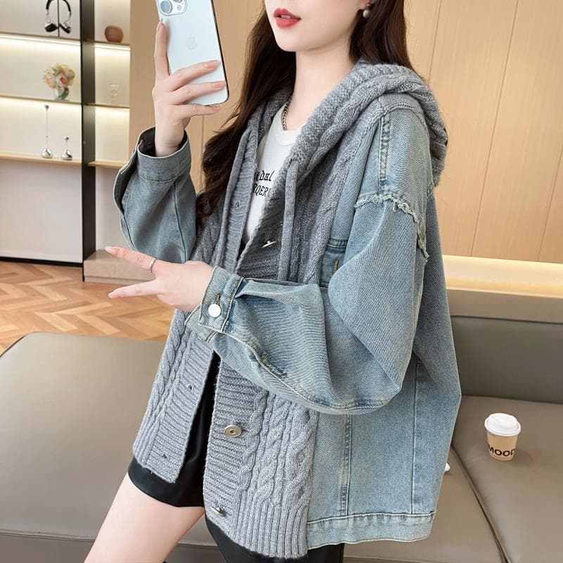 느긋한 바람 데님 패치워크 후드 스웨터 여자 외출용 가을 겨울 새로운 작은 대중 루즈핏 표지 고기 니트 카디건 코트 상세 이미지 13