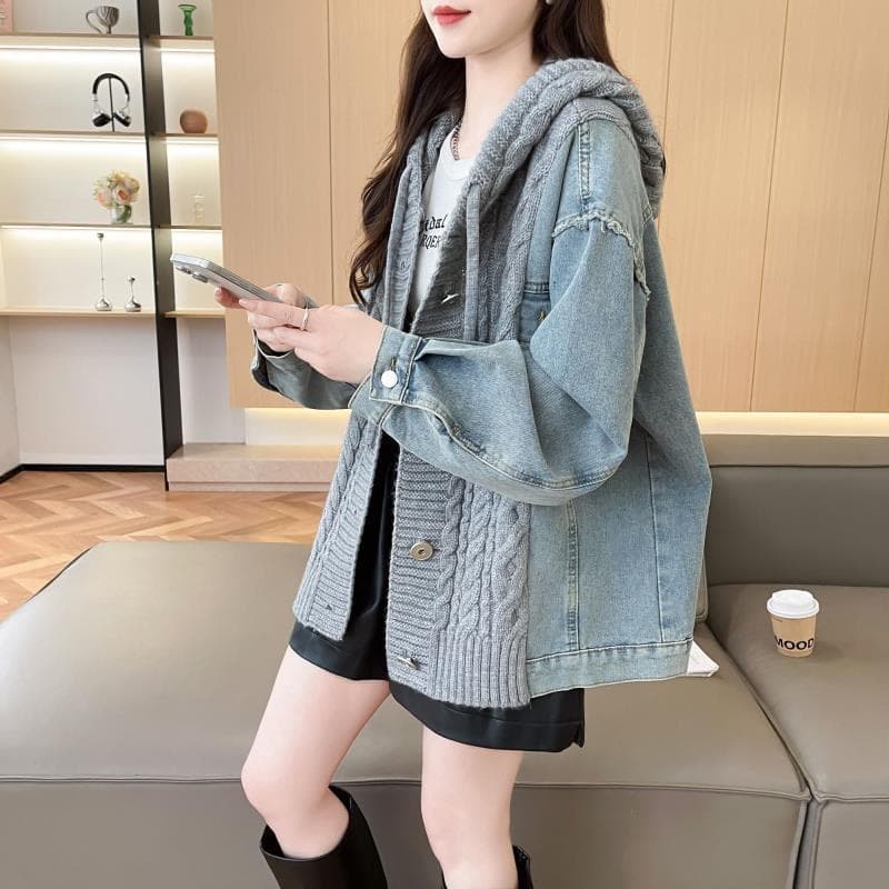 느긋한 바람 데님 패치워크 후드 스웨터 여자 외출용 가을 겨울 새로운 작은 대중 루즈핏 표지 고기 니트 카디건 코트 상세 이미지 14