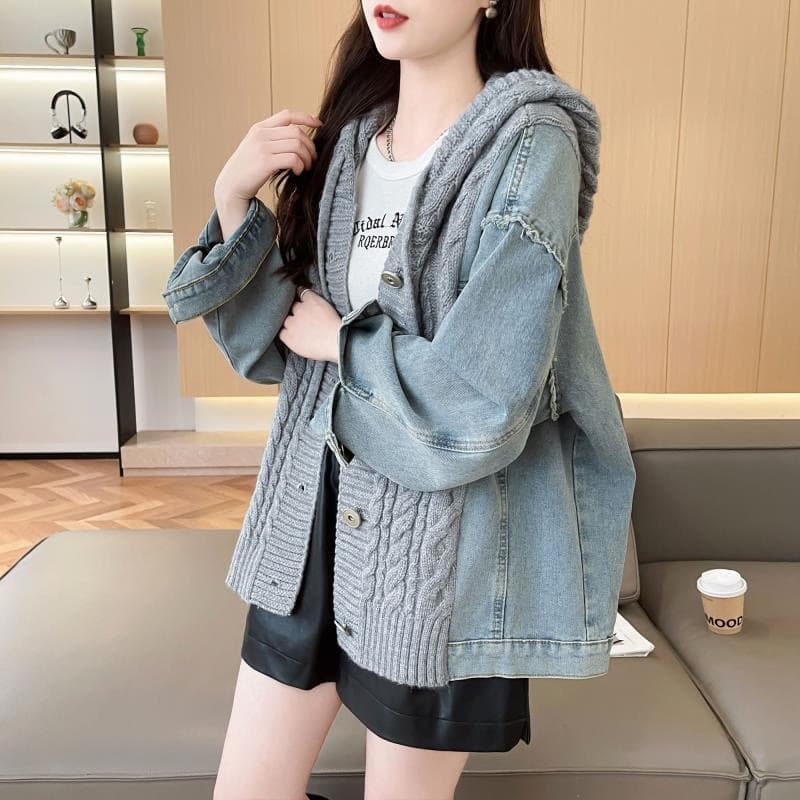 느긋한 바람 데님 패치워크 후드 스웨터 여자 외출용 가을 겨울 새로운 작은 대중 루즈핏 표지 고기 니트 카디건 코트 상세 이미지 15