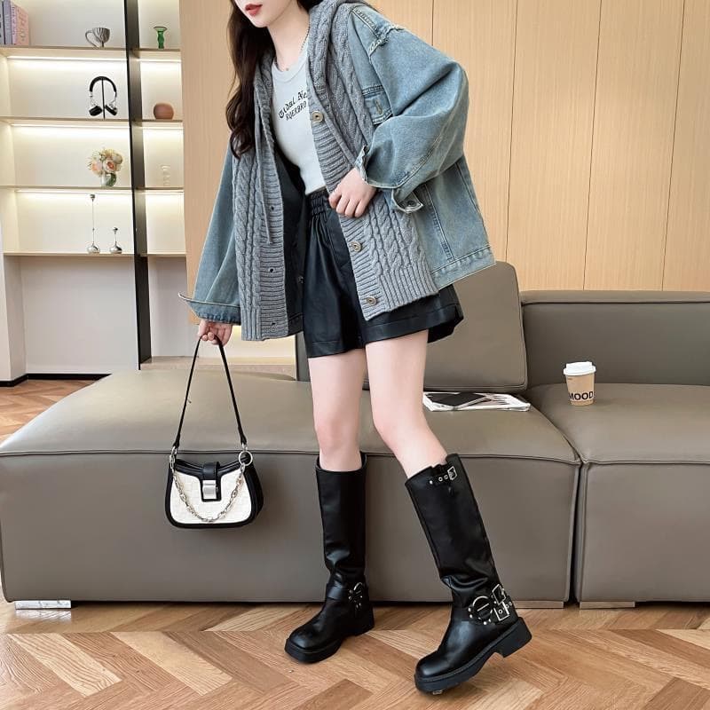 느긋한 바람 데님 패치워크 후드 스웨터 여자 외출용 가을 겨울 새로운 작은 대중 루즈핏 표지 고기 니트 카디건 코트 상세 이미지 16