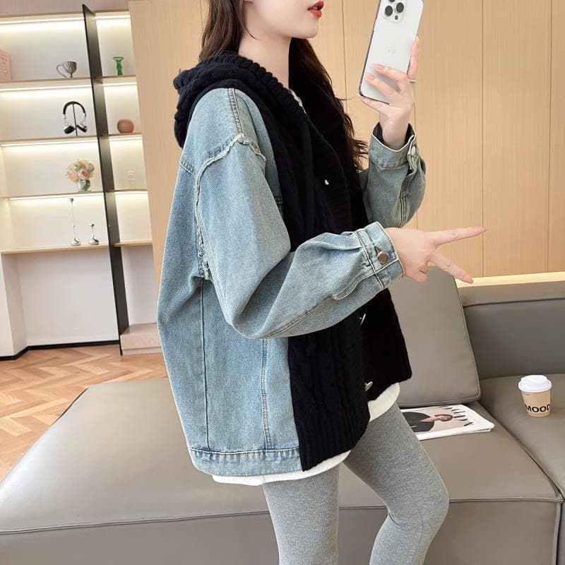 느긋한 바람 데님 패치워크 후드 스웨터 여자 외출용 가을 겨울 새로운 작은 대중 루즈핏 표지 고기 니트 카디건 코트 상세 이미지 20