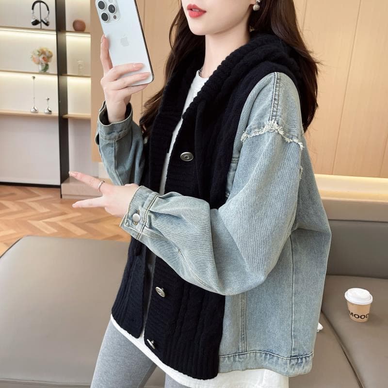 느긋한 바람 데님 패치워크 후드 스웨터 여자 외출용 가을 겨울 새로운 작은 대중 루즈핏 표지 고기 니트 카디건 코트 상세 이미지 21
