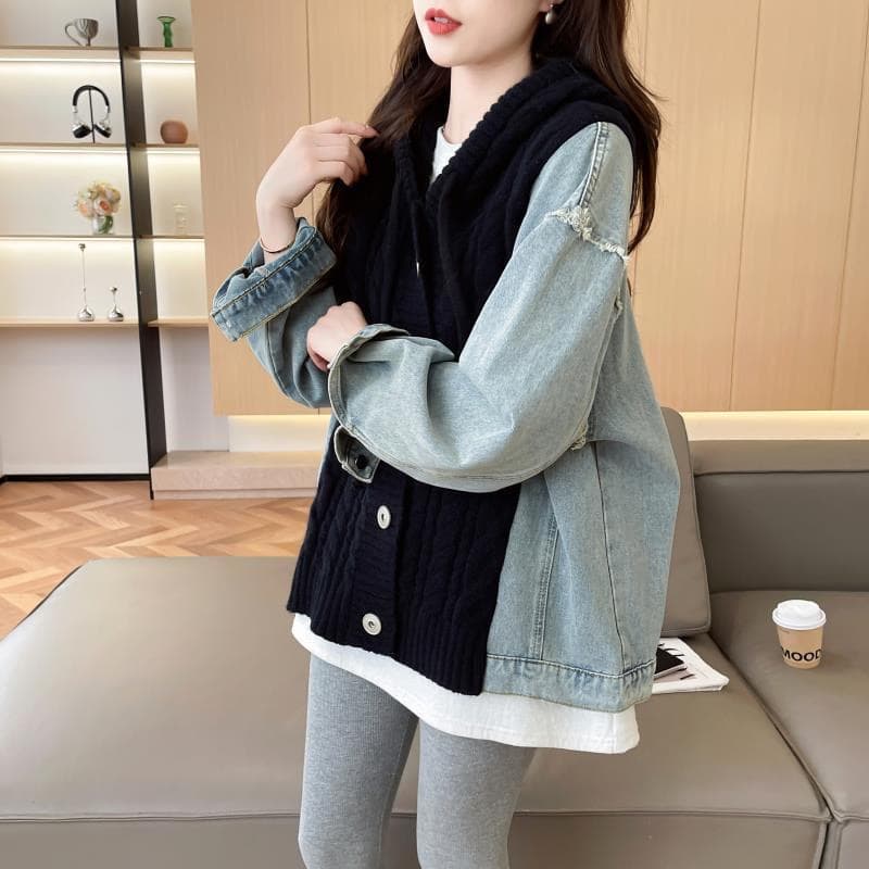 느긋한 바람 데님 패치워크 후드 스웨터 여자 외출용 가을 겨울 새로운 작은 대중 루즈핏 표지 고기 니트 카디건 코트 상세 이미지 25