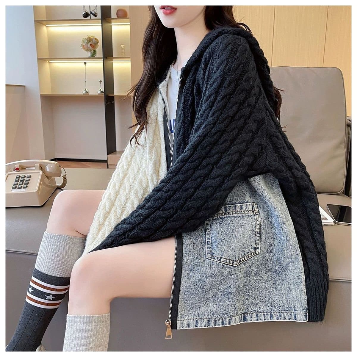 가을 겨울 새로운 한국 스타일 루즈핏 캐주얼 디자인 센스 스웨터 코트 지퍼 후드 패치워크 데님 니트 스웨터 여성 이미지 2