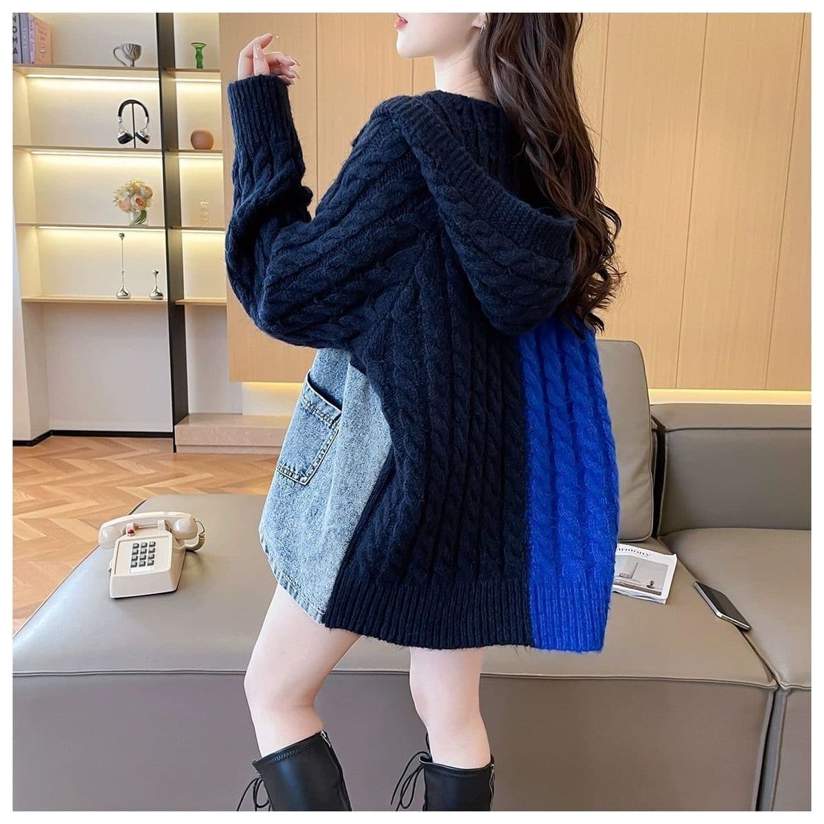 가을 겨울 새로운 한국 스타일 루즈핏 캐주얼 디자인 센스 스웨터 코트 지퍼 후드 패치워크 데님 니트 스웨터 여성 상세 이미지 21