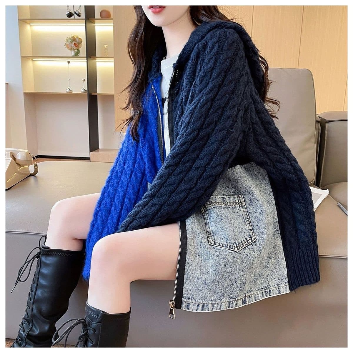 가을 겨울 새로운 한국 스타일 루즈핏 캐주얼 디자인 센스 스웨터 코트 지퍼 후드 패치워크 데님 니트 스웨터 여성 상세 이미지 26