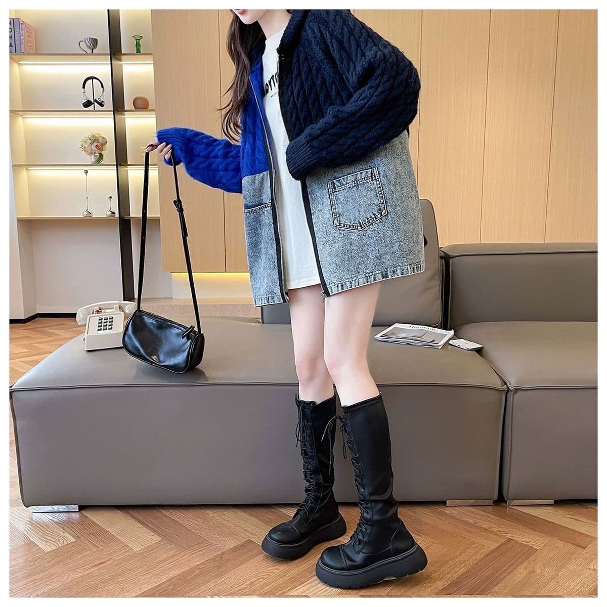 가을 겨울 새로운 한국 스타일 루즈핏 캐주얼 디자인 센스 스웨터 코트 지퍼 후드 패치워크 데님 니트 스웨터 여성 상세 이미지 27