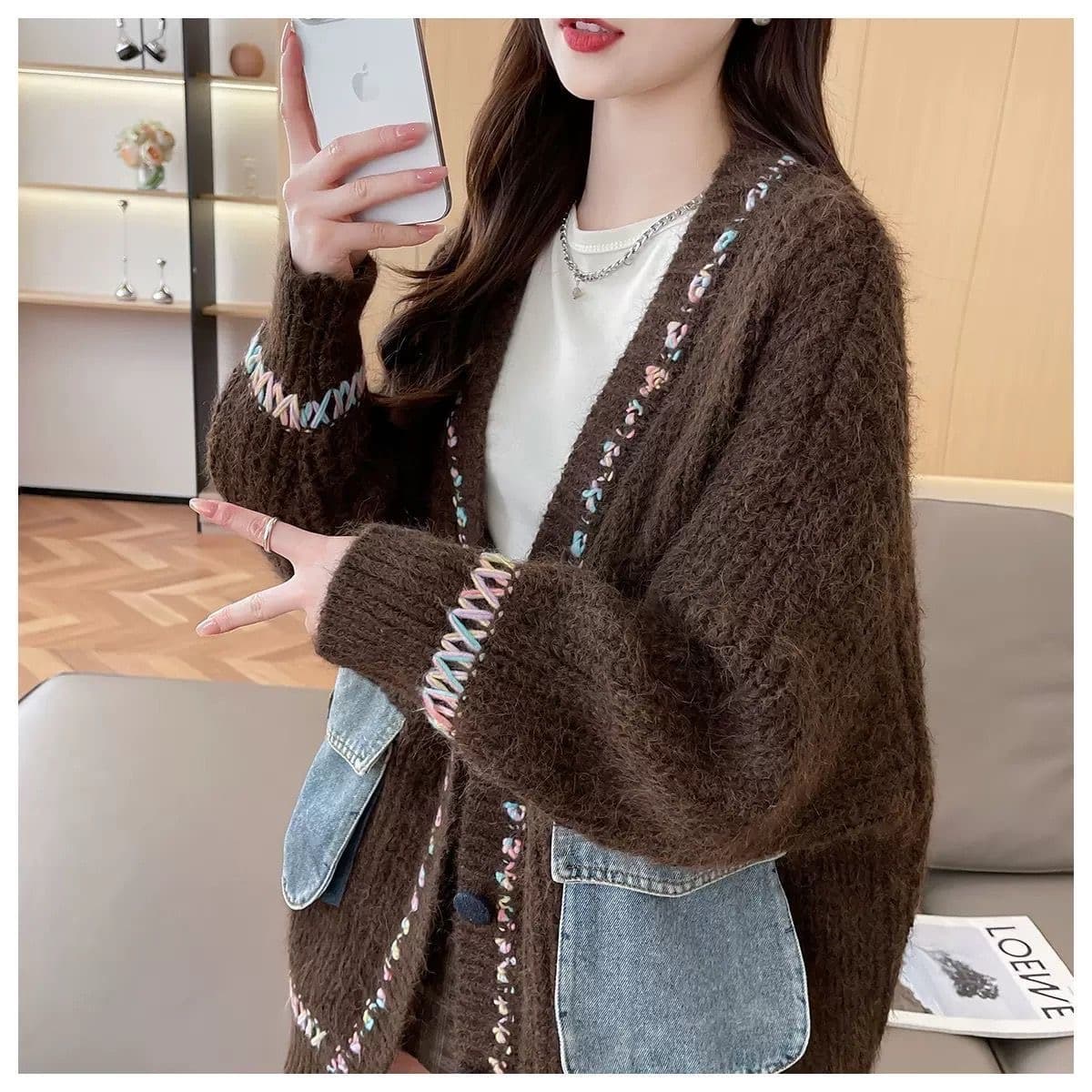 루즈핏 느긋한 바람 패치워크 데님 주머니 오픈 가디건 스웨터 여성 의류 가을 겨울 새로운 캐주얼 V넥 니트 스웨터 재킷 상세 이미지 9