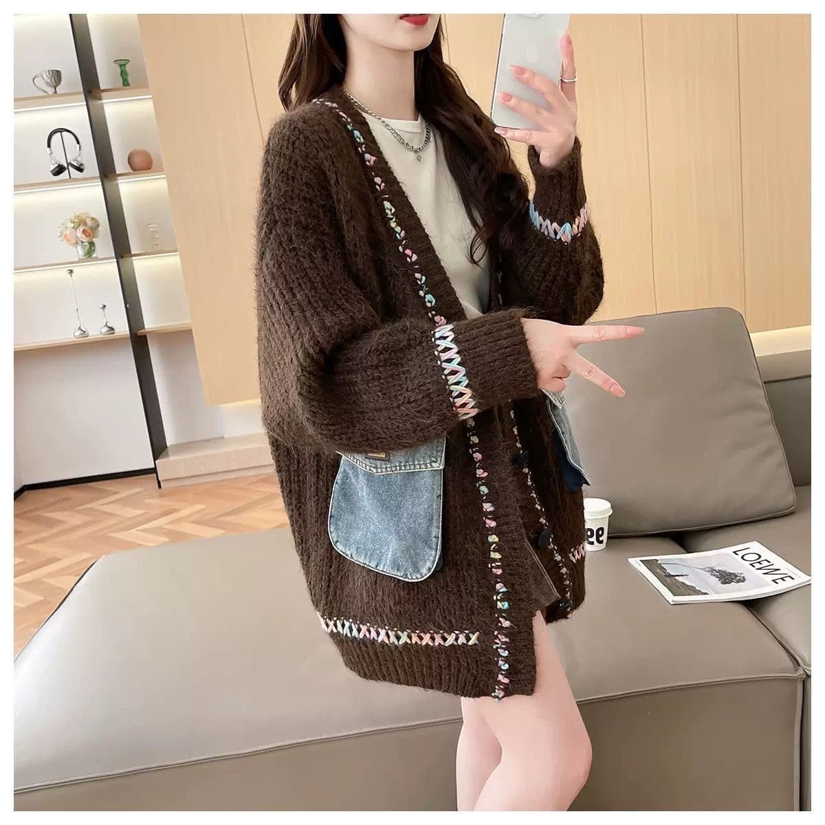 루즈핏 느긋한 바람 패치워크 데님 주머니 오픈 가디건 스웨터 여성 의류 가을 겨울 새로운 캐주얼 V넥 니트 스웨터 재킷 상세 이미지 11