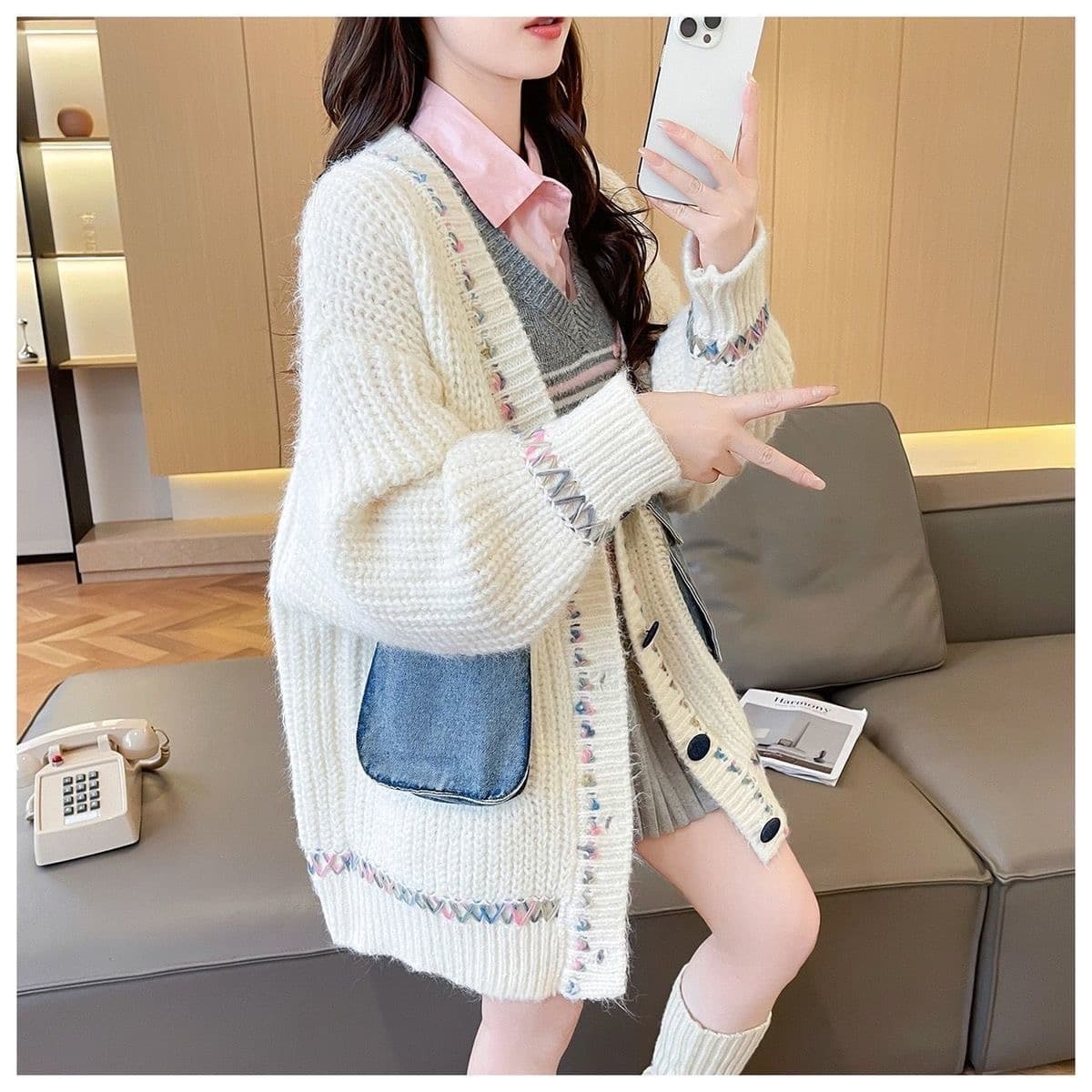 루즈핏 느긋한 바람 패치워크 데님 주머니 오픈 가디건 스웨터 여성 의류 가을 겨울 새로운 캐주얼 V넥 니트 스웨터 재킷 상세 이미지 19
