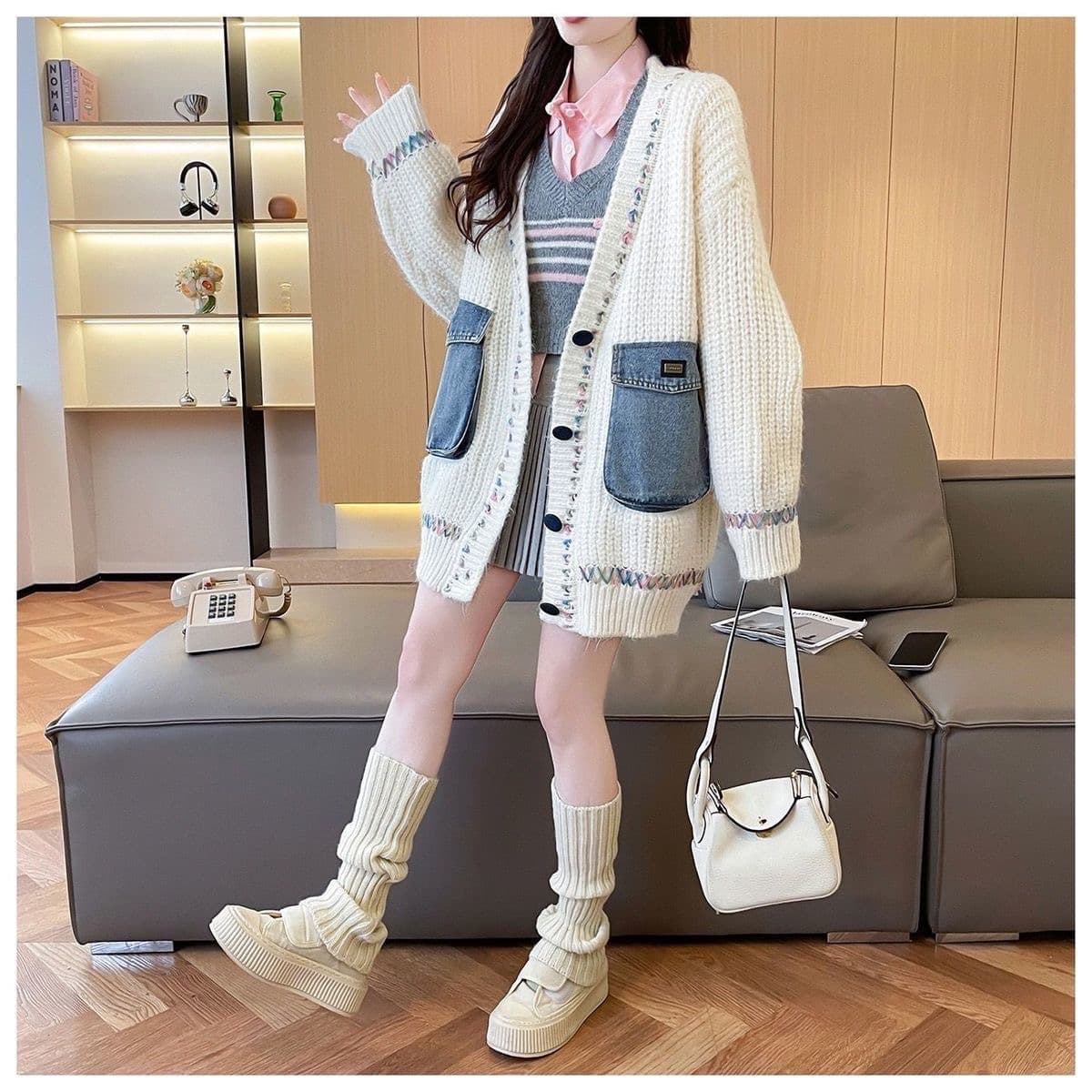 루즈핏 느긋한 바람 패치워크 데님 주머니 오픈 가디건 스웨터 여성 의류 가을 겨울 새로운 캐주얼 V넥 니트 스웨터 재킷 상세 이미지 21