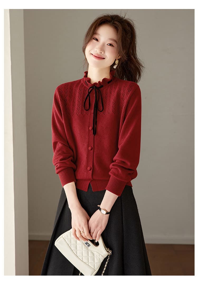 빨간색 나비 넥타이 봄 가을 프릴 칼라 양모 니트 오픈 가디건 여성 새로운 품격 슬림해 보이는 스웨터 코트 상세 이미지 15