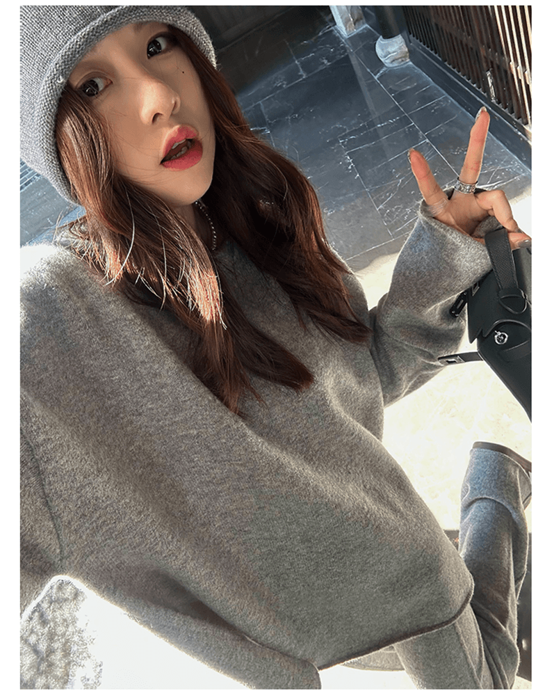한 부서 고급 센스 미니멀리즘 단색 길다 소매 위버 가을 새로운 캐주얼 외출용 긴 바지 세트 상세 이미지 7