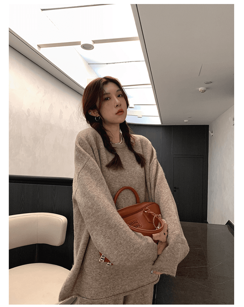 한 부서 고급 센스 미니멀리즘 단색 길다 소매 위버 가을 새로운 캐주얼 외출용 긴 바지 세트 상세 이미지 19