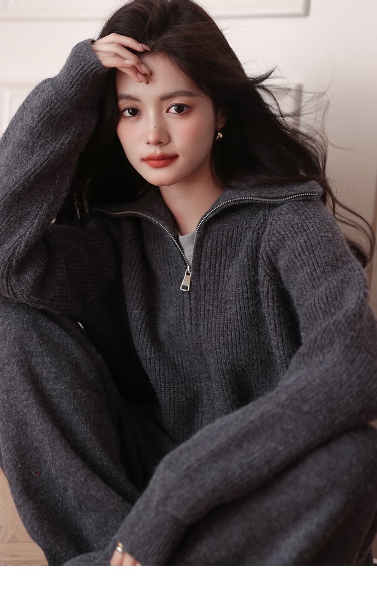 한 스타일 세트 폴로 칼라 지퍼 스웨터 가을 겨울 세트 루즈핏 니트 맨위 하이웨이스트 와이드 레그 팬츠 투피스 세트 상세 이미지 19