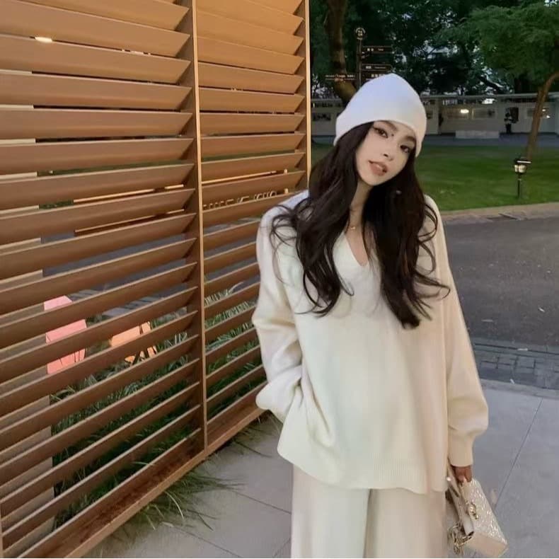 부드러운 부서 착용 가져 가라. 전체 집합 가을 겨울 새로운 고급 센스 패션 품격 스웨터 니트 와이드 레그 팬츠 투피스 슈트 이미지 3
