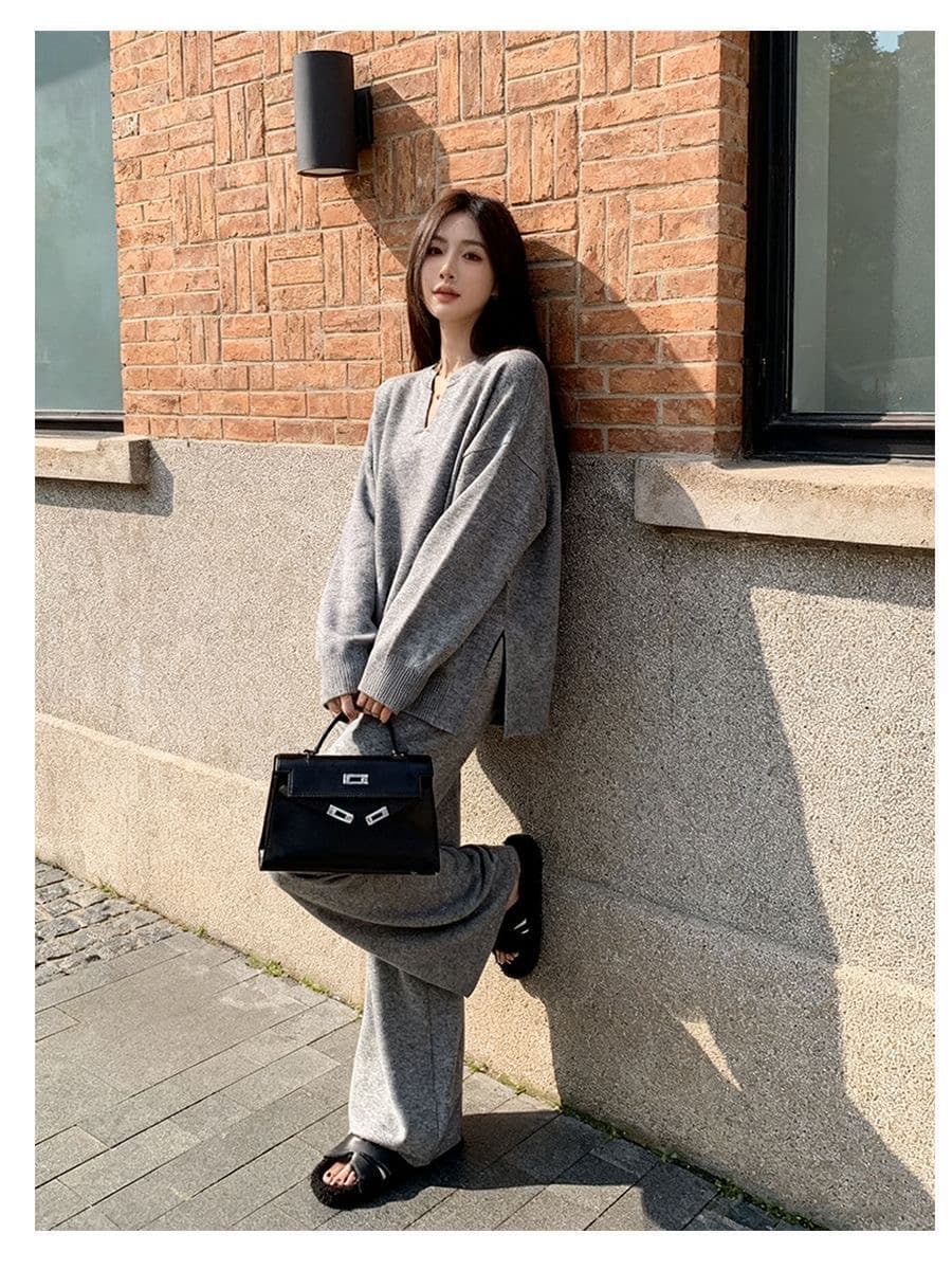 부드러운 부서 착용 가져 가라. 전체 집합 가을 겨울 새로운 고급 센스 패션 품격 스웨터 니트 와이드 레그 팬츠 투피스 슈트 상세 이미지 9