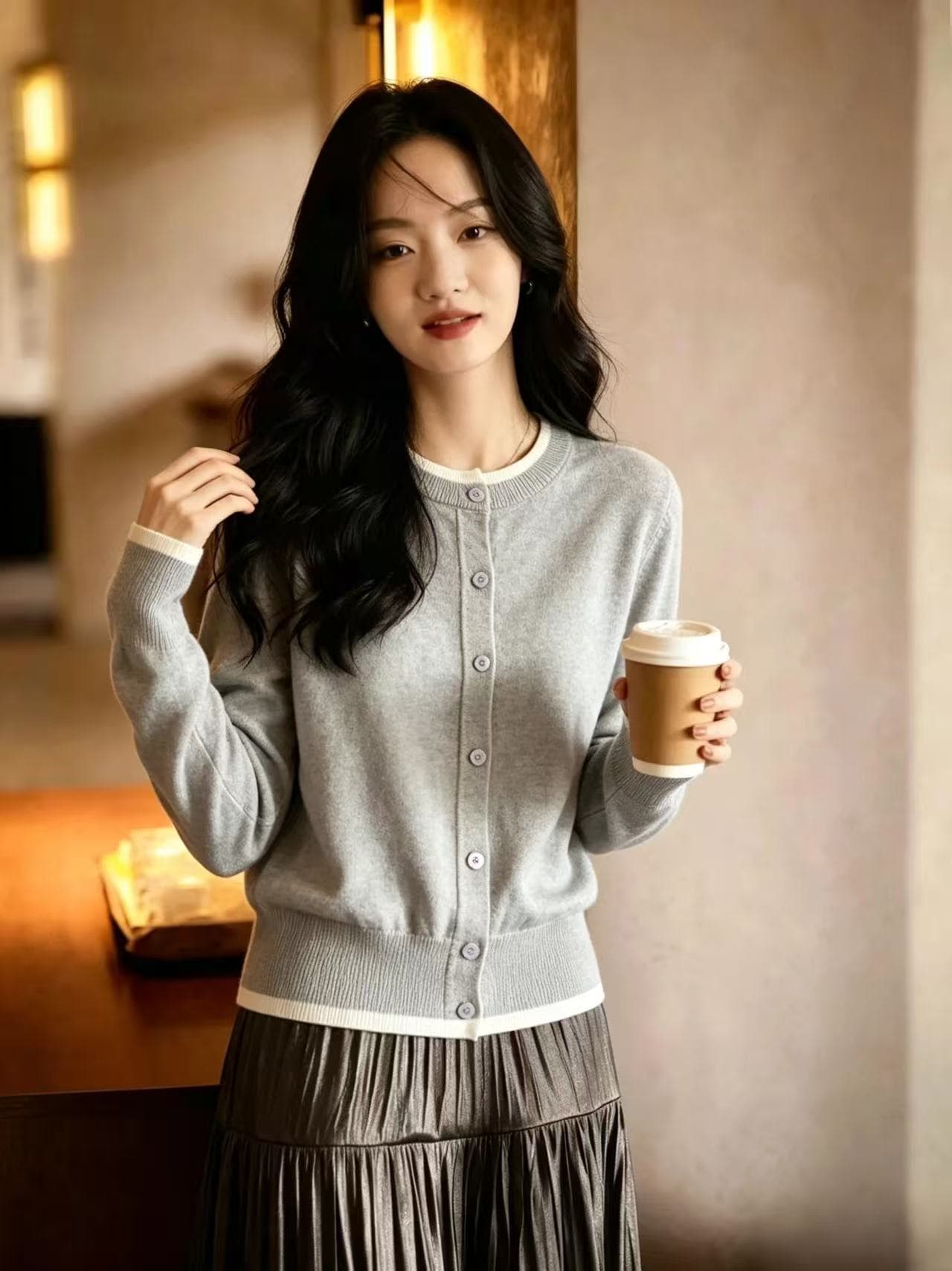배색 패치워크 페이크 레이어드 니트 오픈 가디건 맨위 가을 새로운 여성 루즈핏 보라색 스웨터 코트 상세 이미지 1
