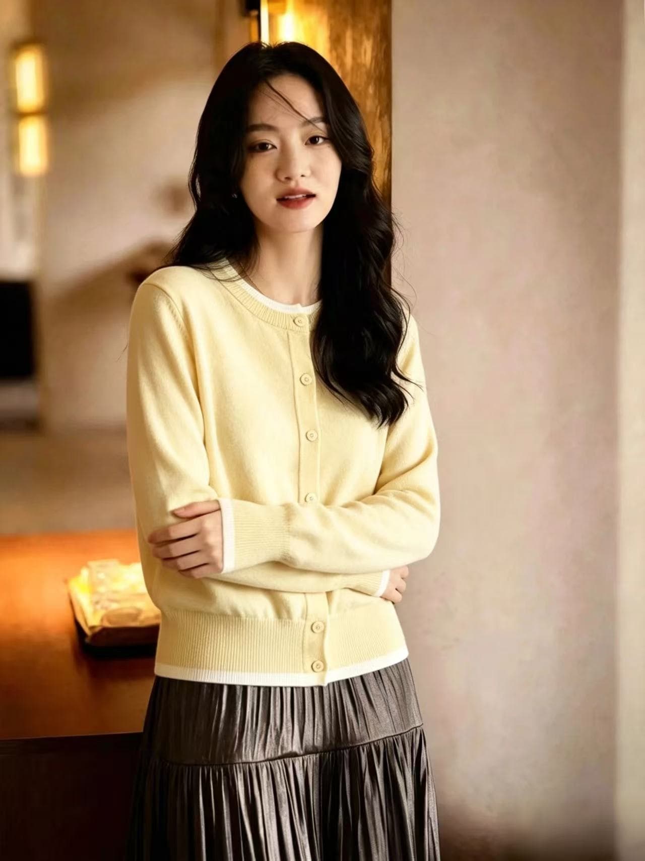 배색 패치워크 페이크 레이어드 니트 오픈 가디건 맨위 가을 새로운 여성 루즈핏 보라색 스웨터 코트 상세 이미지 2