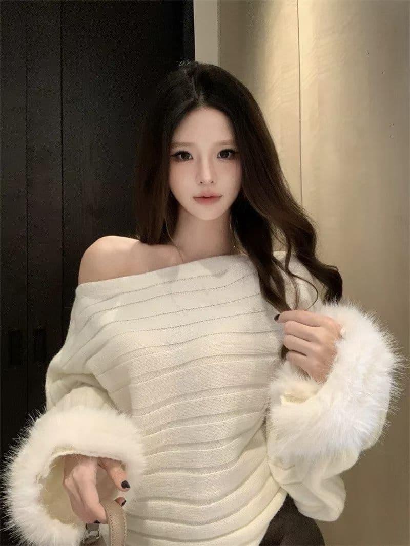 가을 겨울 새로운 모피 커프스 스웨터 여자 가을 겨울 새로운 비스듬한 어깨 루즈핏 느긋한 센스 맨위 이미지 3
