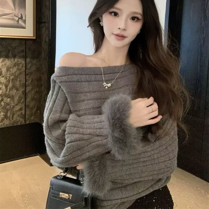 가을 겨울 새로운 모피 커프스 스웨터 여자 가을 겨울 새로운 비스듬한 어깨 루즈핏 느긋한 센스 맨위 이미지 5