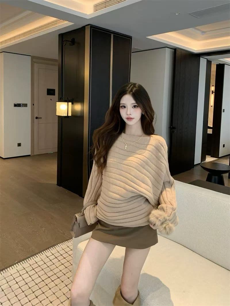 가을 겨울 새로운 모피 커프스 스웨터 여자 가을 겨울 새로운 비스듬한 어깨 루즈핏 느긋한 센스 맨위 상세 이미지 5