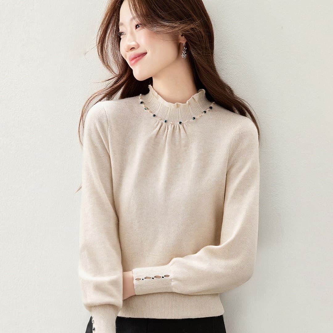 디자인 센스 작은 대중 비즈 박기 작은 키 반하이넥 스웨터 기본 셔츠 여성 가을 겨울 느긋한 바람 레이스 측면 니트 스웨터