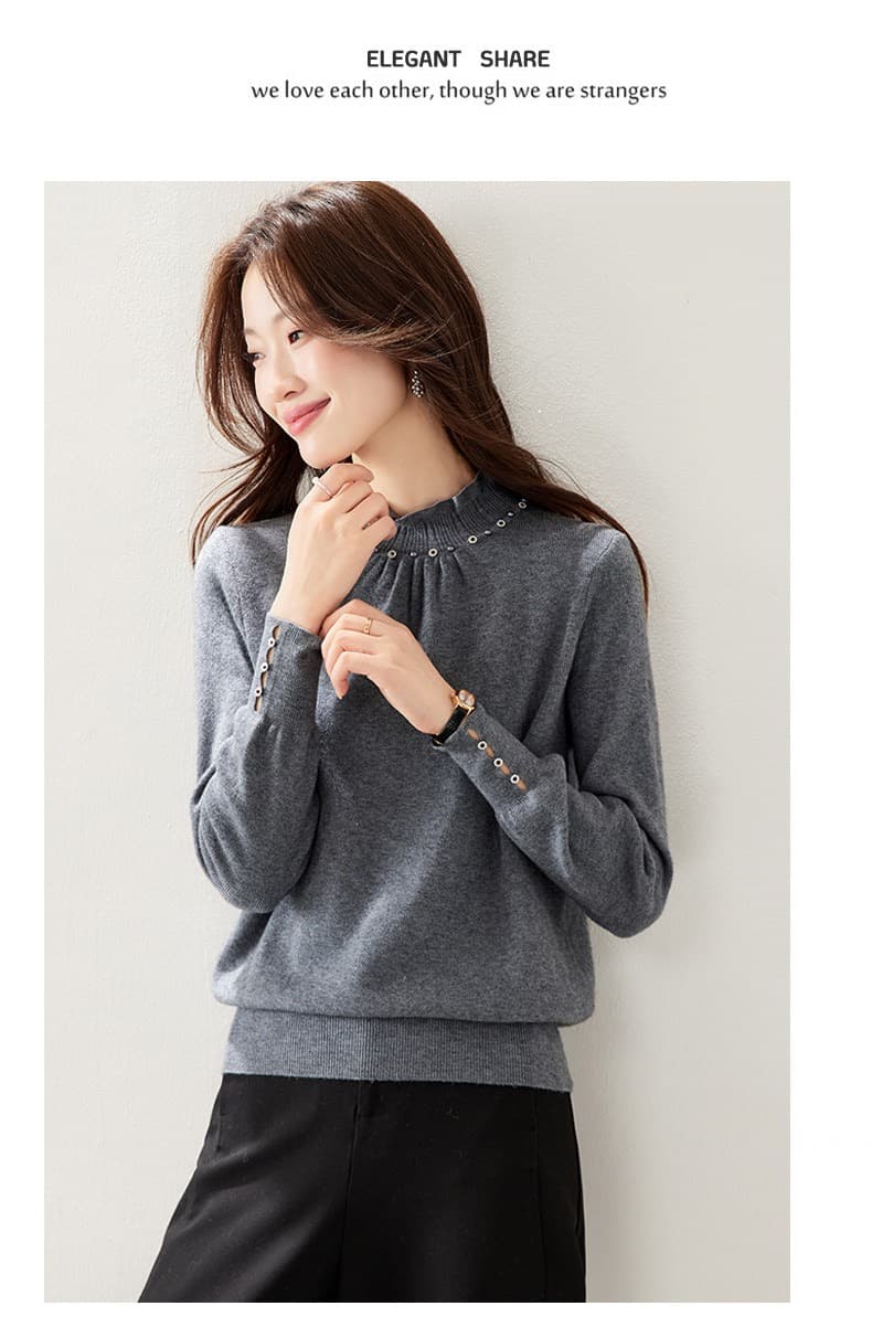 디자인 센스 작은 대중 비즈 박기 작은 키 반하이넥 스웨터 기본 셔츠 여성 가을 겨울 느긋한 바람 레이스 측면 니트 스웨터 상세 이미지 11
