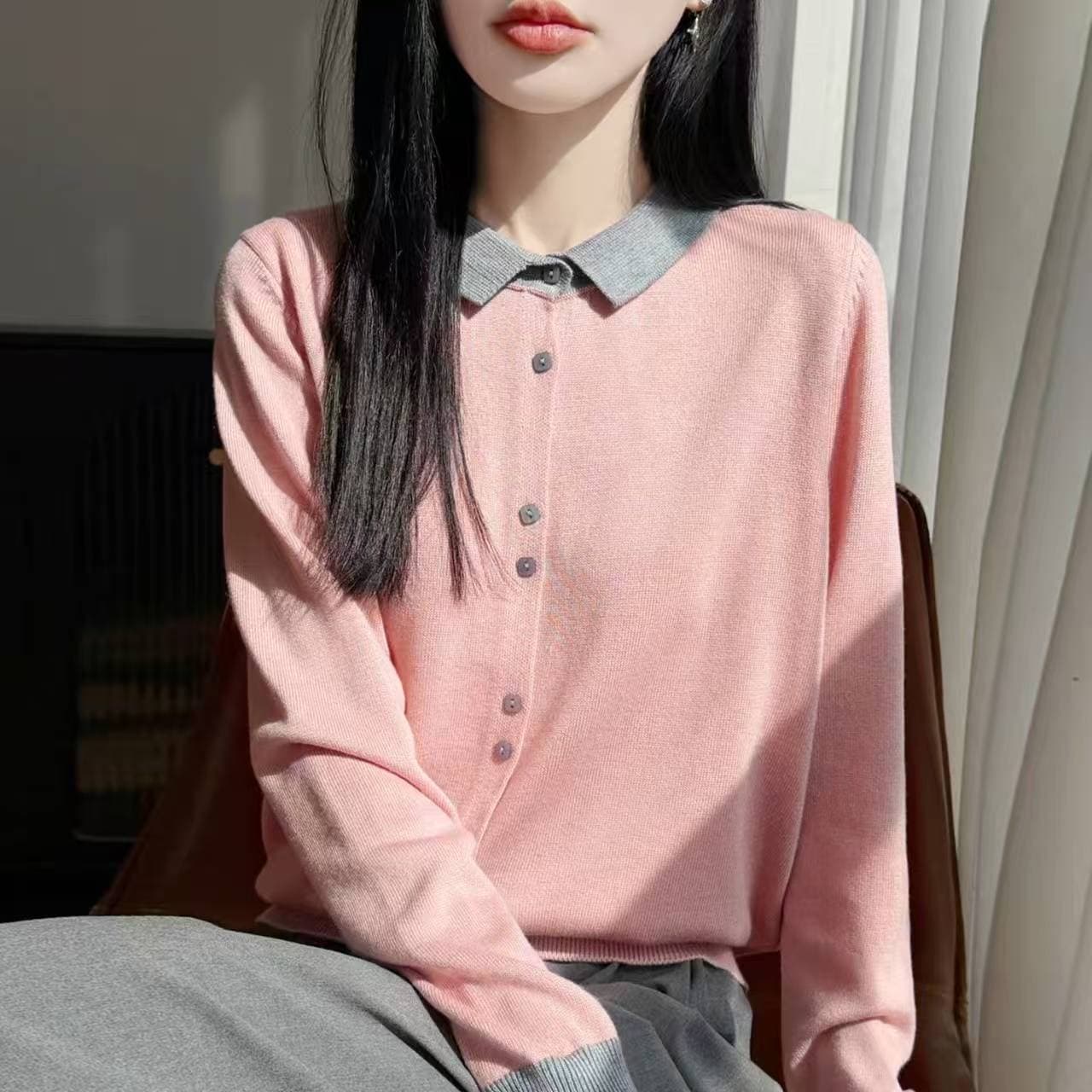 레트로 배색 폴로 칼라 슬림해 보이는 출퇴근 니트 오픈 가디건 여성 한국 스타일 루즈핏 다용도 연령 감소 품격 표지 고기 얇은 맨위 이미지 2