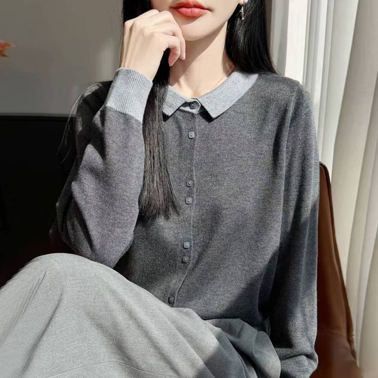 레트로 배색 폴로 칼라 슬림해 보이는 출퇴근 니트 오픈 가디건 여성 한국 스타일 루즈핏 다용도 연령 감소 품격 표지 고기 얇은 맨위 상세 이미지 2