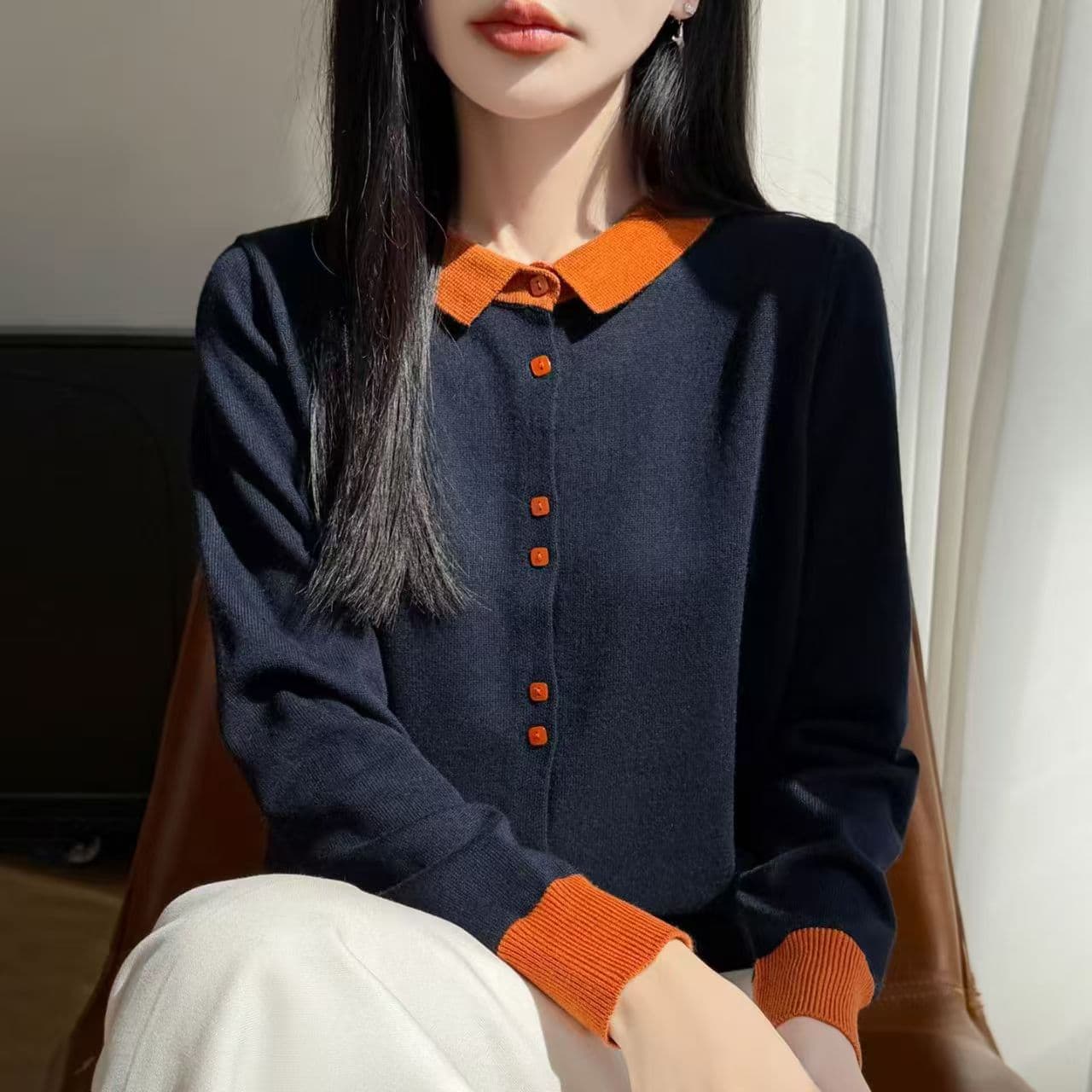 레트로 배색 폴로 칼라 슬림해 보이는 출퇴근 니트 오픈 가디건 여성 한국 스타일 루즈핏 다용도 연령 감소 품격 표지 고기 얇은 맨위 상세 이미지 4