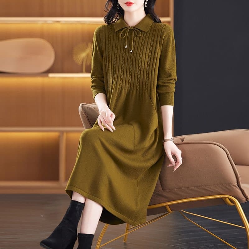 가을 겨울 새로운 스웨터 드레스 여성 롱 코트 폴로 칼라 루즈핏 무릎 아래 점프 슈트 치마 국방 양모 니트 스웨터 만나는 롱 스커트