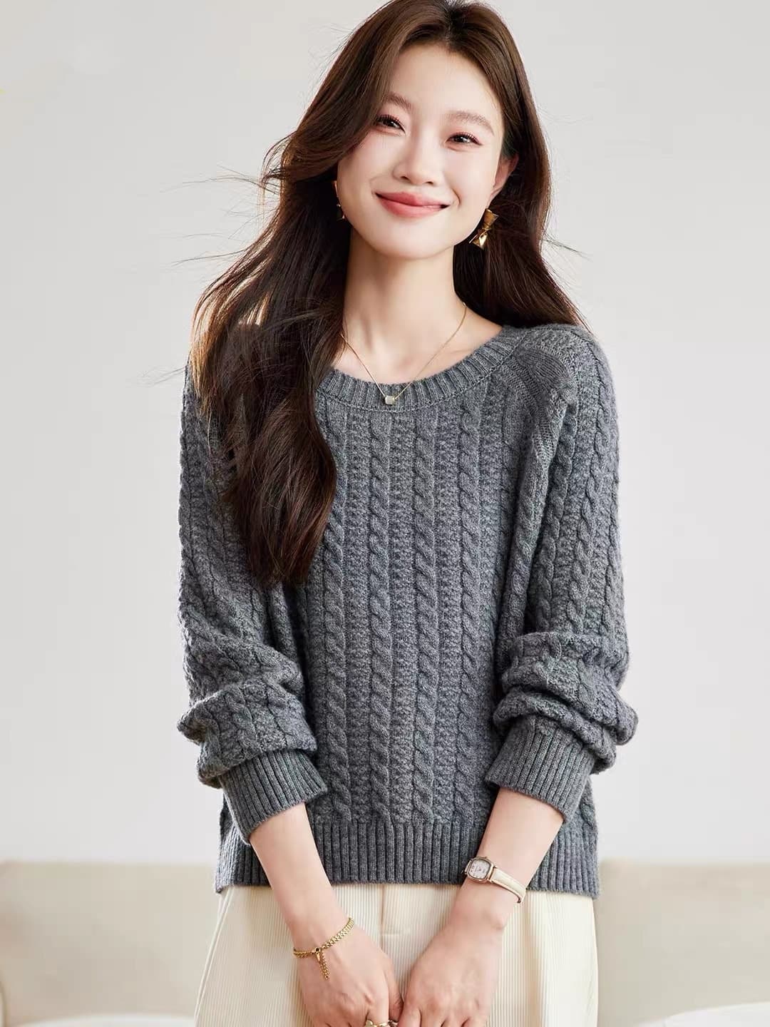빨간색 꽈배기 라운드 넥 스웨터 여자 루즈핏 고급 센스 연령 감소 외국 가스 인사이드 가져 가라. 양모 니트 스웨터 맨위 상세 이미지 2