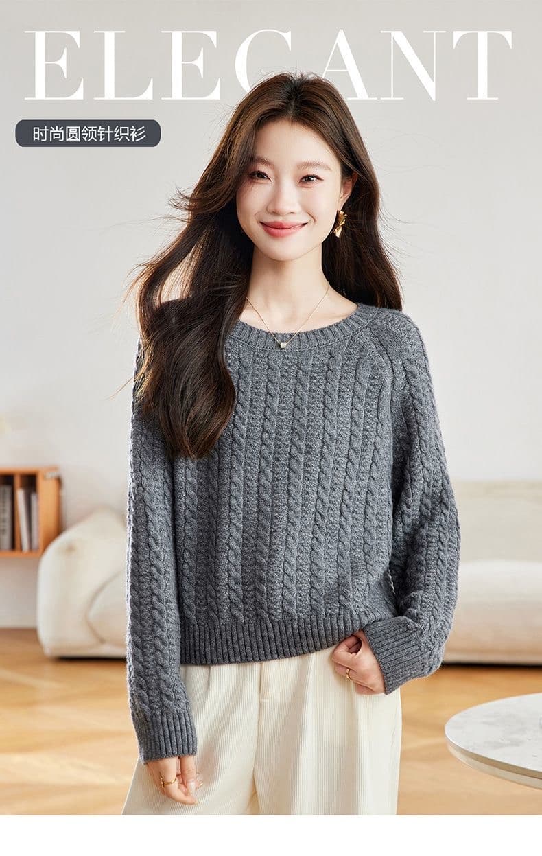 빨간색 꽈배기 라운드 넥 스웨터 여자 루즈핏 고급 센스 연령 감소 외국 가스 인사이드 가져 가라. 양모 니트 스웨터 맨위 상세 이미지 5