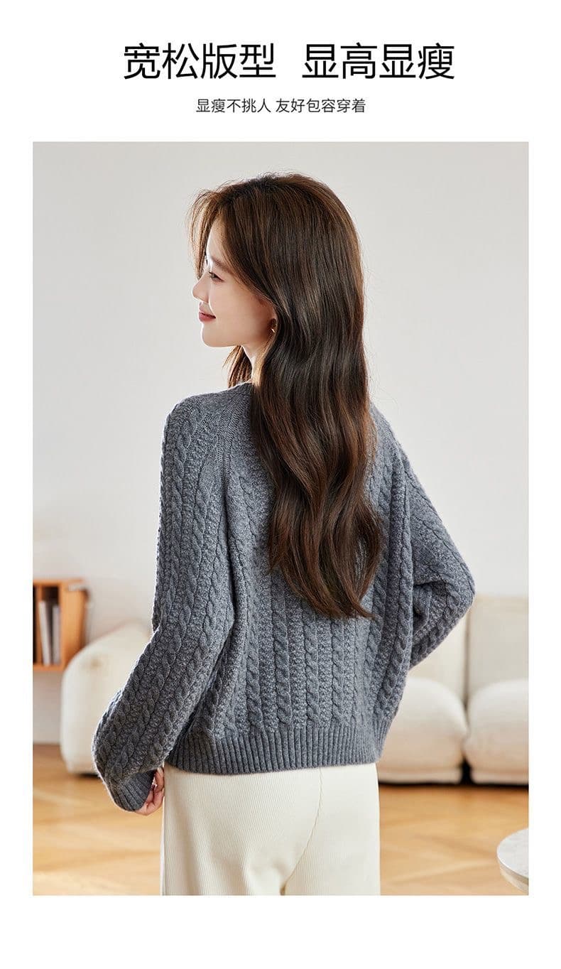 빨간색 꽈배기 라운드 넥 스웨터 여자 루즈핏 고급 센스 연령 감소 외국 가스 인사이드 가져 가라. 양모 니트 스웨터 맨위 상세 이미지 17