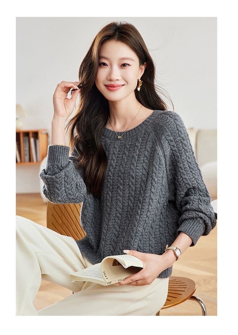 빨간색 꽈배기 라운드 넥 스웨터 여자 루즈핏 고급 센스 연령 감소 외국 가스 인사이드 가져 가라. 양모 니트 스웨터 맨위 상세 이미지 23