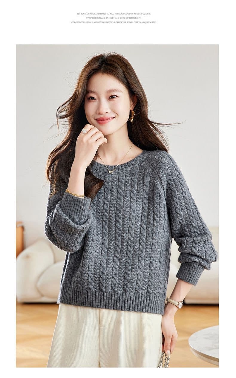 빨간색 꽈배기 라운드 넥 스웨터 여자 루즈핏 고급 센스 연령 감소 외국 가스 인사이드 가져 가라. 양모 니트 스웨터 맨위 상세 이미지 26