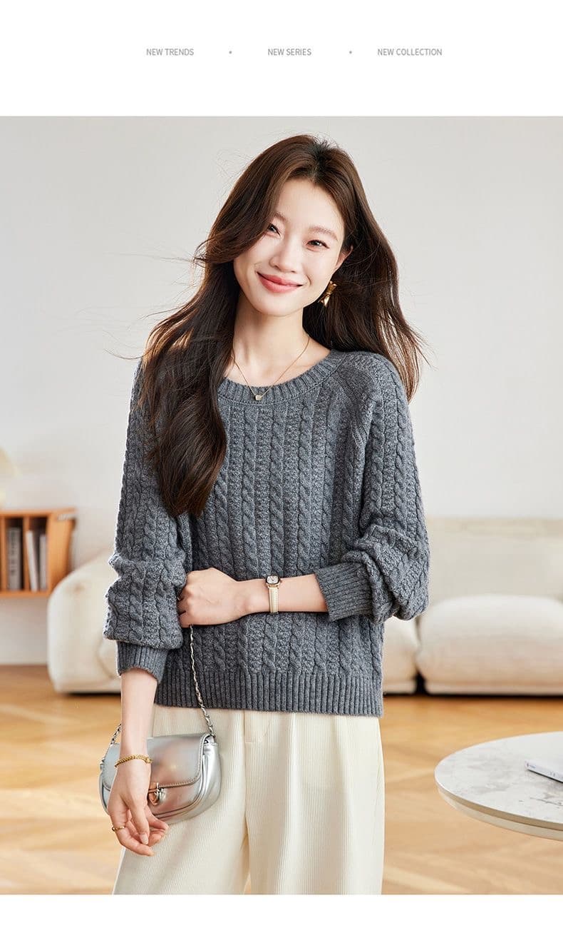 빨간색 꽈배기 라운드 넥 스웨터 여자 루즈핏 고급 센스 연령 감소 외국 가스 인사이드 가져 가라. 양모 니트 스웨터 맨위 상세 이미지 27