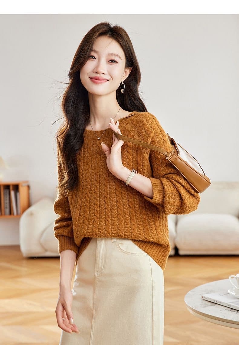 빨간색 꽈배기 라운드 넥 스웨터 여자 루즈핏 고급 센스 연령 감소 외국 가스 인사이드 가져 가라. 양모 니트 스웨터 맨위 상세 이미지 34