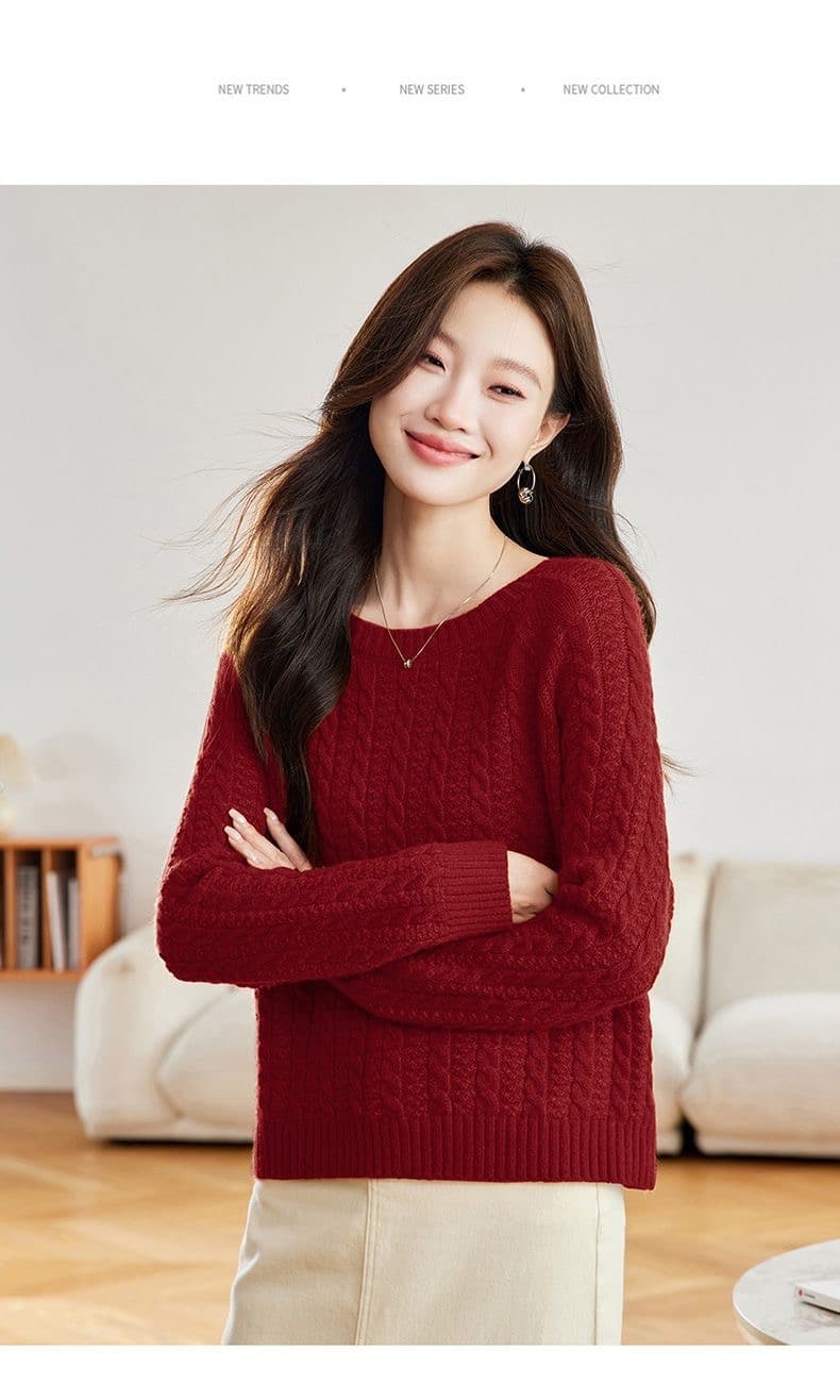 빨간색 꽈배기 라운드 넥 스웨터 여자 루즈핏 고급 센스 연령 감소 외국 가스 인사이드 가져 가라. 양모 니트 스웨터 맨위 상세 이미지 39