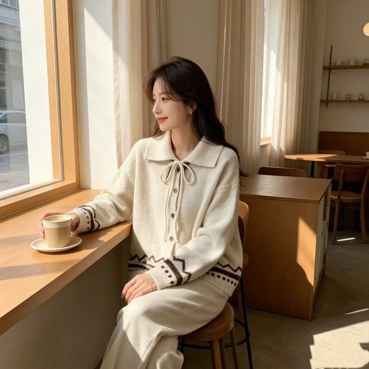 폴로 칼라 레이스업 스웨터 여성 코트 봄 가을 겨울 새로운 그리드 레이 부서 회색 니트 오픈 가디건 레트로 자카드 맨위 상세 이미지 2