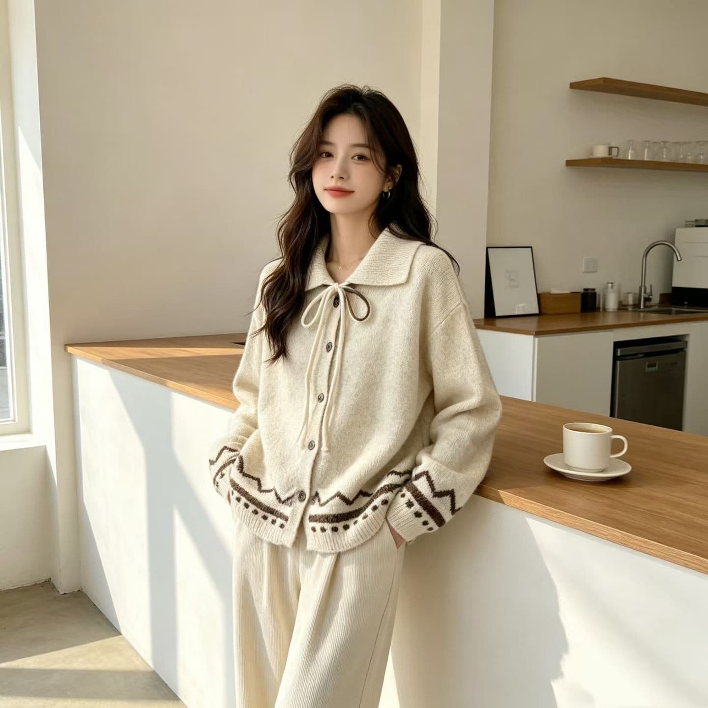 폴로 칼라 레이스업 스웨터 여성 코트 봄 가을 겨울 새로운 그리드 레이 부서 회색 니트 오픈 가디건 레트로 자카드 맨위 상세 이미지 6