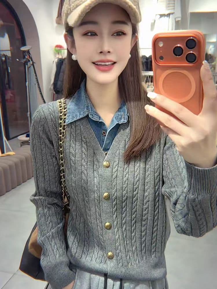 새로운 데님 칼라 패치워크 니트 오픈 가디건 여성 꽈배기 슬림해 보이는 부드러운 바람 봄 가을 스웨터 코트 여성 셔츠 이미지 2