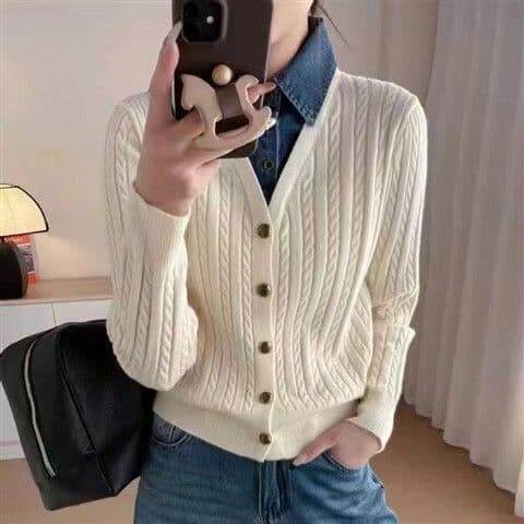 새로운 데님 칼라 패치워크 니트 오픈 가디건 여성 꽈배기 슬림해 보이는 부드러운 바람 봄 가을 스웨터 코트 여성 셔츠 이미지 3