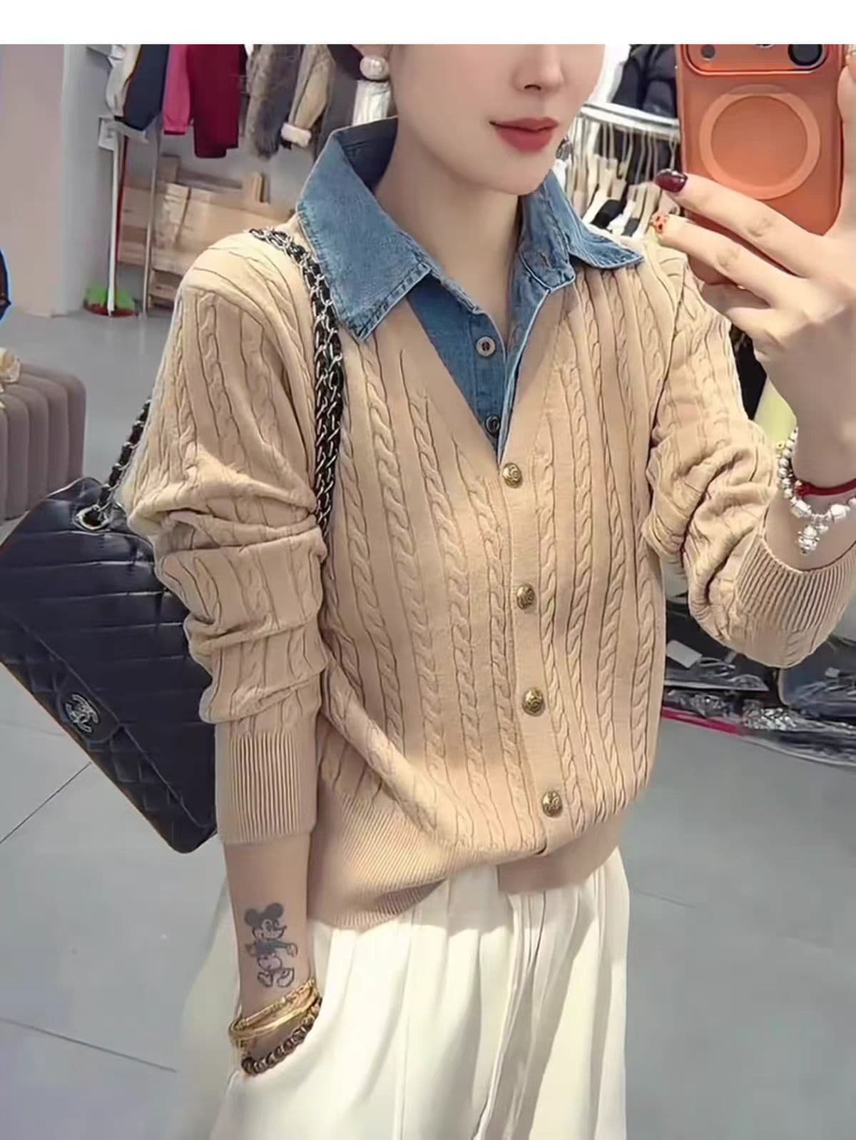 새로운 데님 칼라 패치워크 니트 오픈 가디건 여성 꽈배기 슬림해 보이는 부드러운 바람 봄 가을 스웨터 코트 여성 셔츠 상세 이미지 5