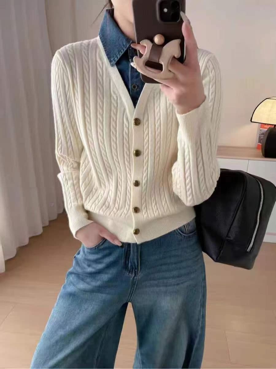 새로운 데님 칼라 패치워크 니트 오픈 가디건 여성 꽈배기 슬림해 보이는 부드러운 바람 봄 가을 스웨터 코트 여성 셔츠 상세 이미지 6