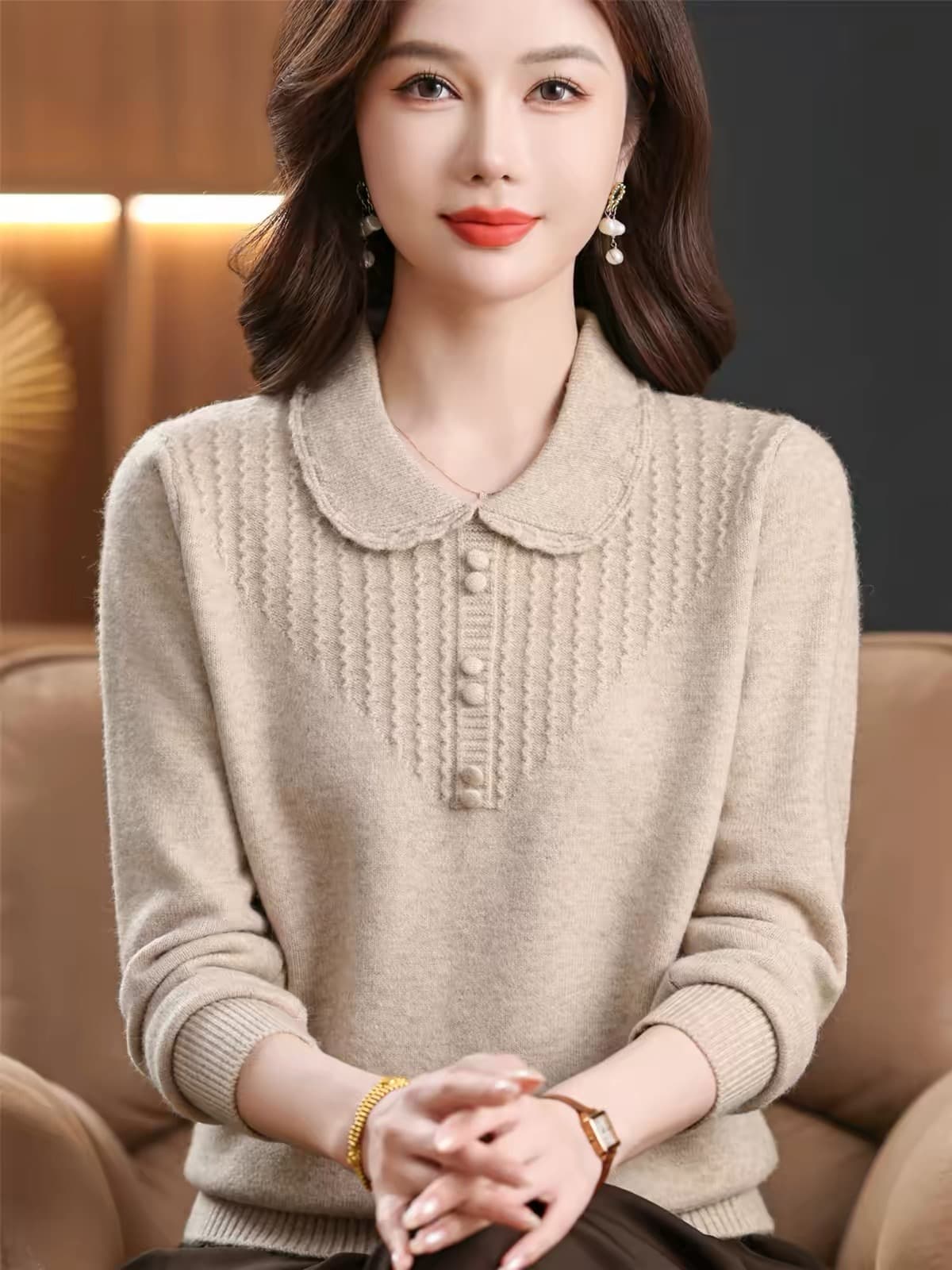 가을 의상 폴로 칼라 외출용 니트 스웨터 중노년 여성 빅 사이즈 스웨터 인사이드 가져 가라. 겨울 의류 두꺼운 인사이드 가져 가라. 기본 셔츠 상세 이미지 1
