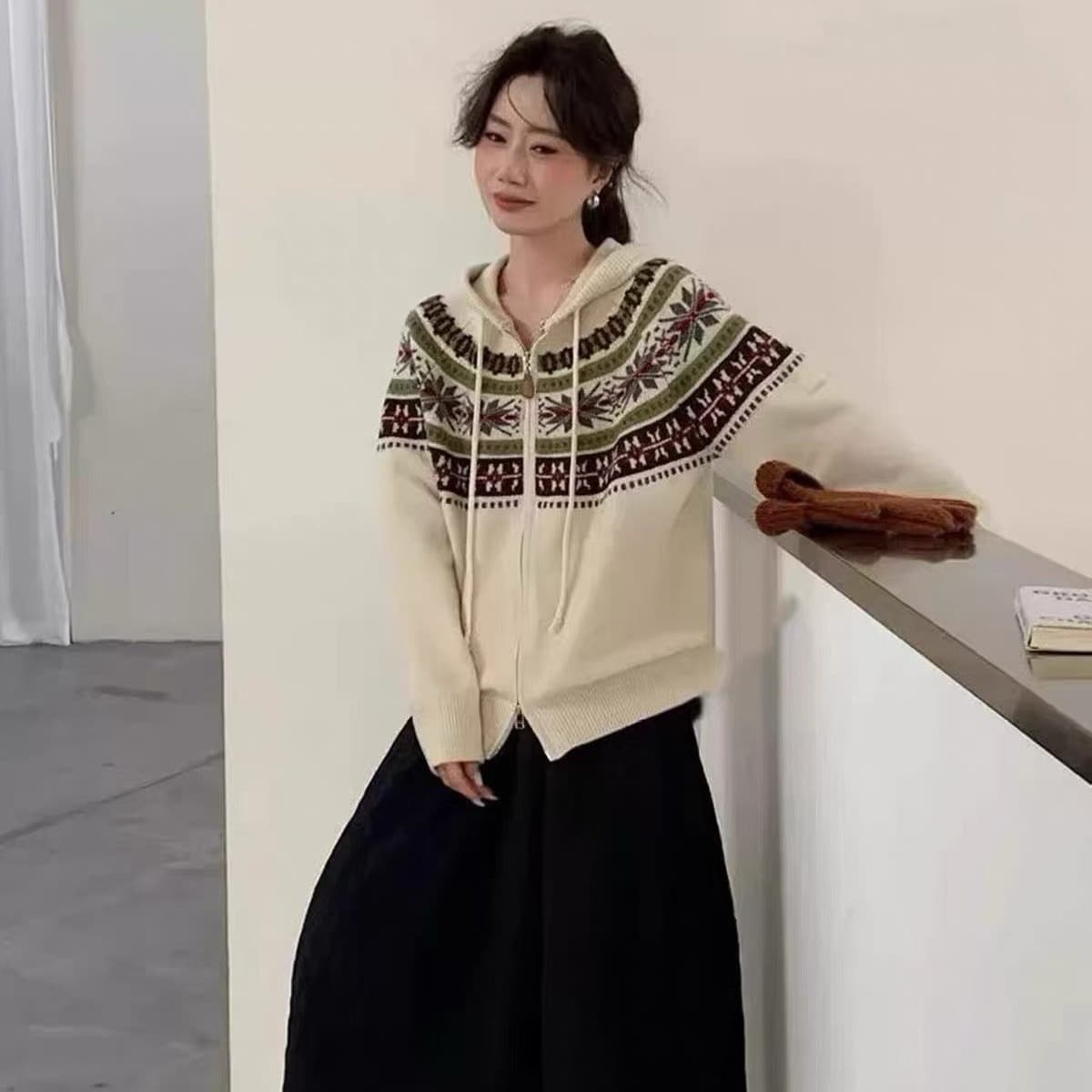 레트로 공정한 섬 니트 가을 겨울 오픈 가디건 아메리칸 재킷 루즈핏 별 눈꽃 새로운 느긋한 후드 스웨터 이미지 2