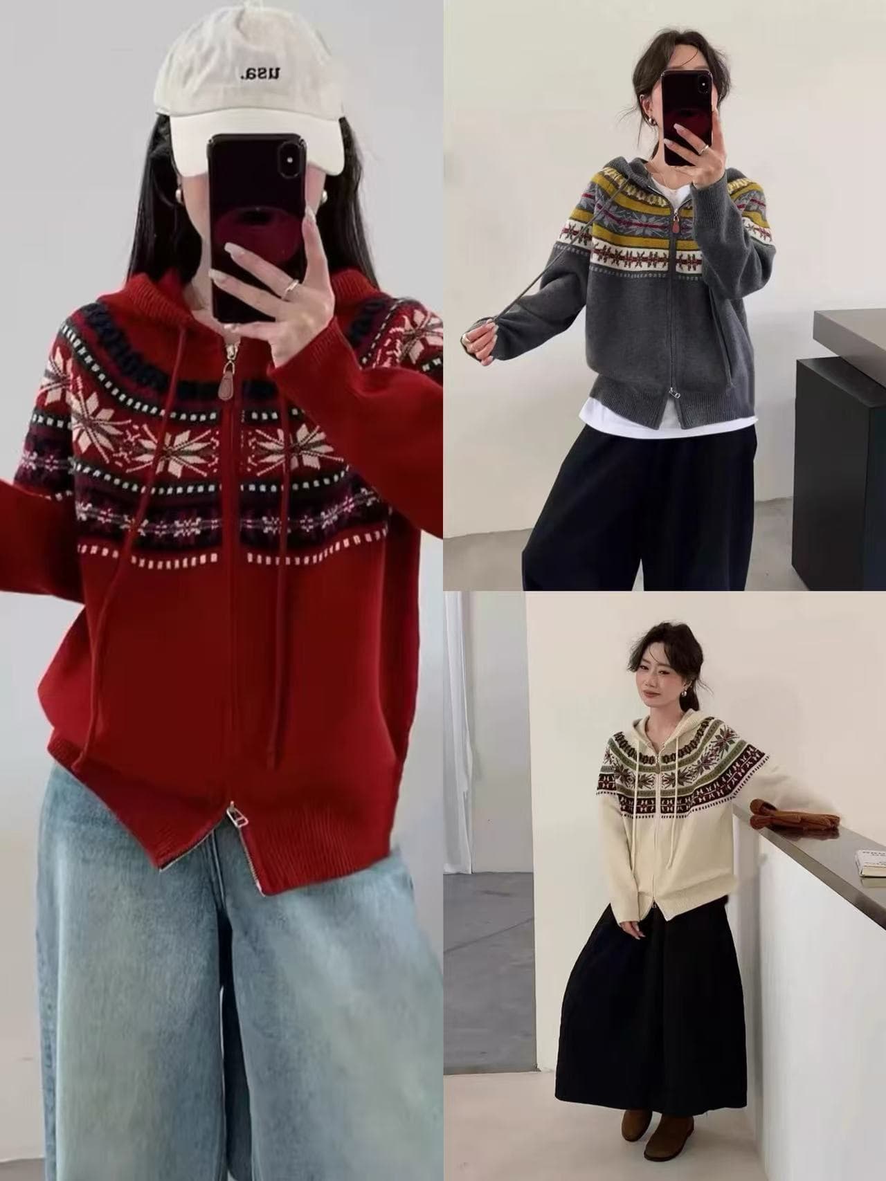 레트로 공정한 섬 니트 가을 겨울 오픈 가디건 아메리칸 재킷 루즈핏 별 눈꽃 새로운 느긋한 후드 스웨터 상세 이미지 1